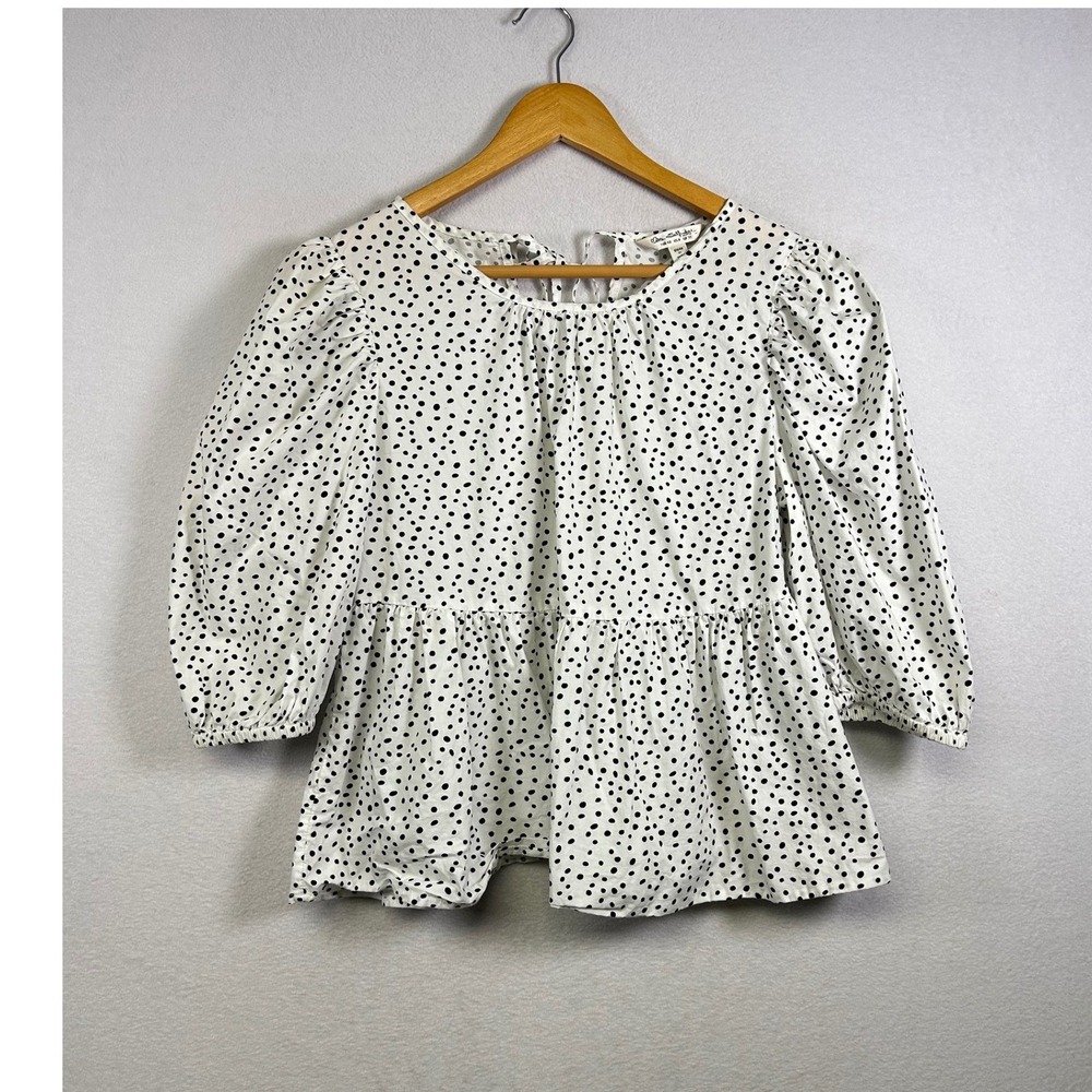Babydoll Top Polka Dot Peplum Blouse Womens Size 8‎ White Puff Sleeve